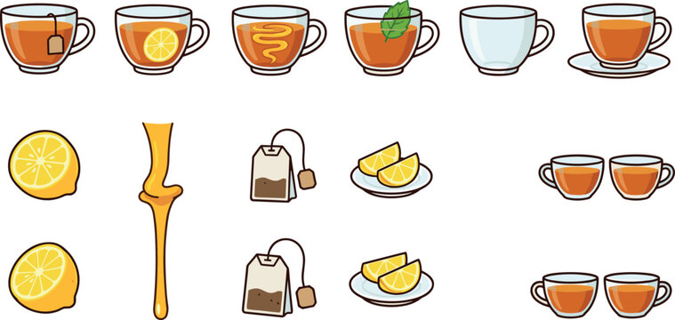 Herbal Tea Brewing Icon Set Featuring Glass Tea Cups, Slices of Lemon, Pouring Honey, Mint Leaves, Teabags, and Saucers for Menu and Cafe Designs