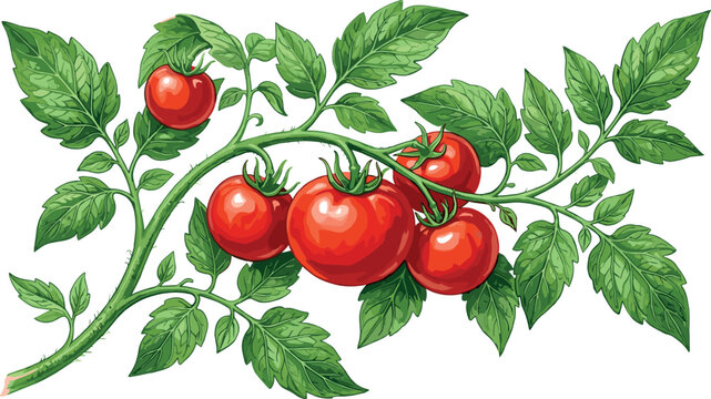 Fresh Red Tomatoes Growing on Vine with Green Leaves Branch Vector Illustration for Agriculture Organic Food Groceries Cooking and Gardening Designs
