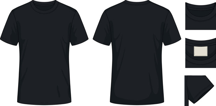 Blank Black T Shirt Mockup Vector Set with Front and Back Views, Collar Details, Inner Neck Label, and Sleeve Closeups for Apparel Design Templates