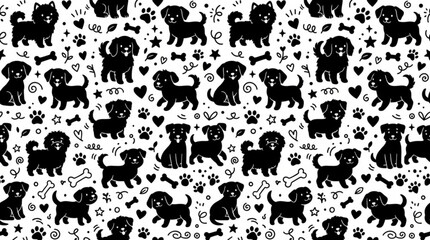 Obraz premium Seamless vector pattern with cartoon animal and people silhouettes including bears cats dogs cows and funny character icons