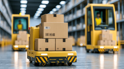 Naklejka premium Automated guided vehicles carry cardboard boxes across floor of modern warehouse 