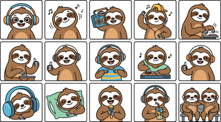 Obraz premium Cute Sloth Character Icon Set Listening to Music, DJing, Singing, and Relaxing with Headphones and Boombox for Stickers, Logos, and Cartoon Vector Designs