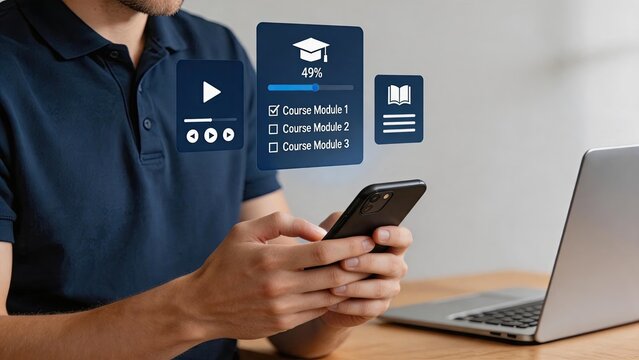 Student learning online course on mobile device, e-education interface showing progress bar and modules, distance learning and digital training concept for modern education