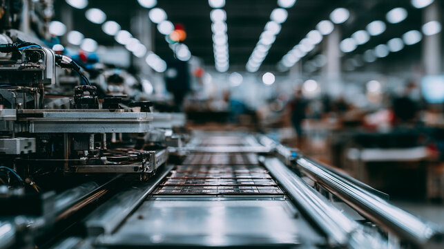 Industrial automated machine holds circular silicon wafer on production conveyor belt
