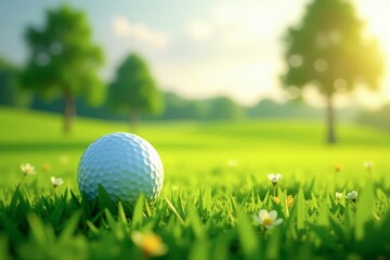 Fototapeta premium A Golf Ball Rests in a Lush Green Meadow at Sunrise, Bathed in Golden Sunlight, Surrounded by Delicate Wildflowers