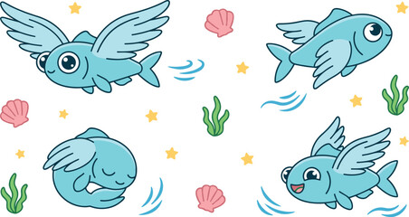 Naklejka premium Cute Flying Fish Cartoon Character Vector Set Featuring Playful Swimming Gliding and Sleeping Poses with Seashells Seaweed and Waves for Nursery Graphics