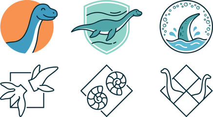 Minimalist Plesiosaur Dinosaur Logo Icon Set Featuring Flat Line Art Fossil Shell Symbols and Geometric Badges for Prehistoric Marine Brand Designs © EdGe Creative