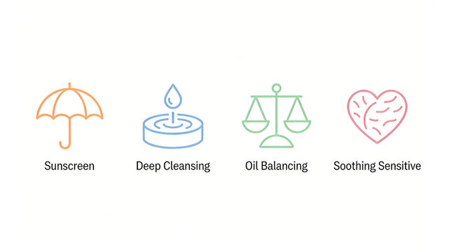 Sunshade umbrellas, water droplets, scales, and heart icons represent the sun protection, cleaning, and soothing effects, suitable for sunscreen and sensitive skin care products.
