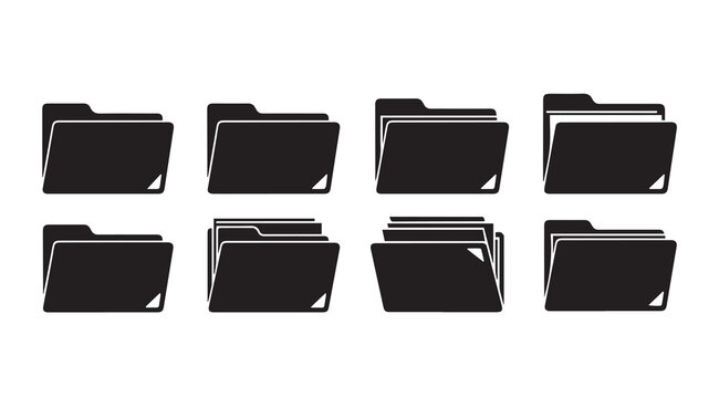 Set of black document folders in a row against a white background symbolizing organization and data management