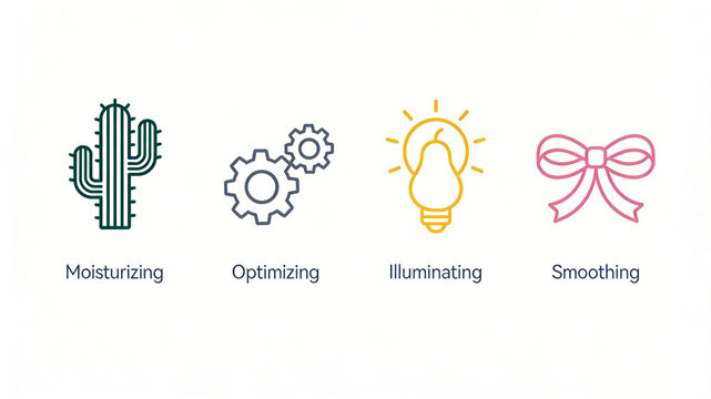 Cactus, gear, luminous bulb and ribbon bow icon represent moisturizing and optimizing skin brightening effect, and are suitable for product promotion of essence liquid and face cream.
