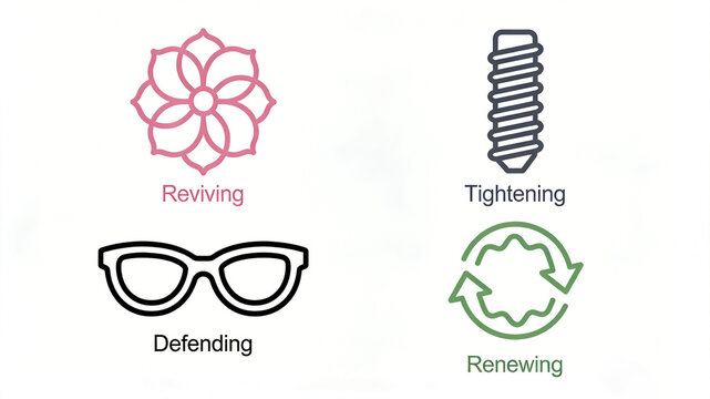 Lotus, screws, sunglasses and circulating arrow icons represent the efficacy of rejuvenation and firming repair. They are suitable for anti-aging essence and firming face cream.
