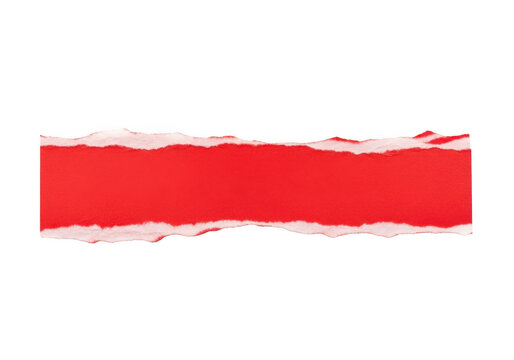 Bright red torn paper strip with ragged white edges isolated on transparent background