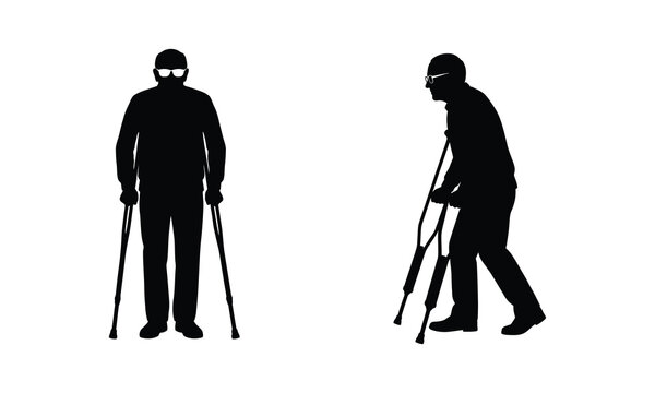Silhouette vector illustration of an elderly man with glasses using crutches for assistance.