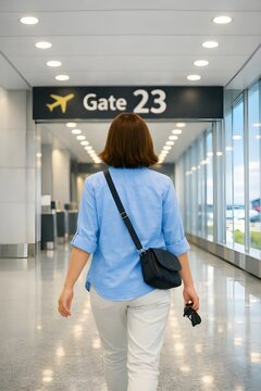 Back view of a woman walking toward the boarding gate in a bright airport terminal, carrying a small crossbody bag as she begins her journey, expressing the moment of moving forward toward departure.