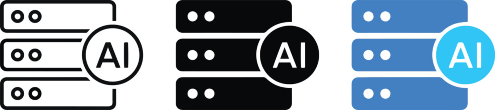 Artificial intelligence server icons set, AI data storage center symbols in flat and line styles, cloud computing database vector graphics