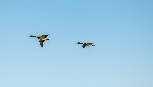 Duck Family Migrating Under a Clear Sky. A duck family migrating across the sky, clean atmospheric colors, environmental harmony theme, uplifting and educational illustration