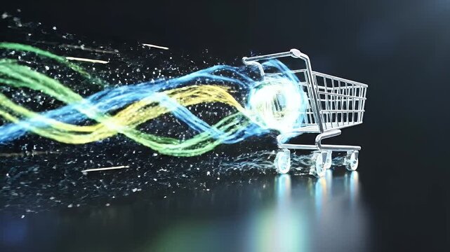 A shopping cart moves rapidly, propelled by streaks of light and energy