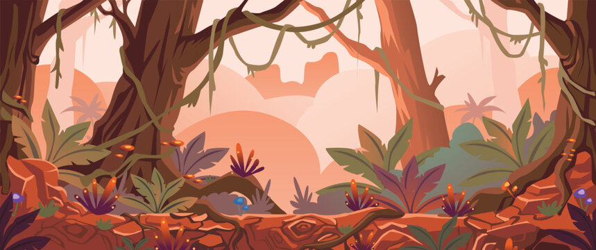 Fantasy Jungle Forest Cartoon Game Background with Glowing Mushrooms, Vines and Tropical Plants for 2D Side Scroller Platformer, Seamless Vector Illustration