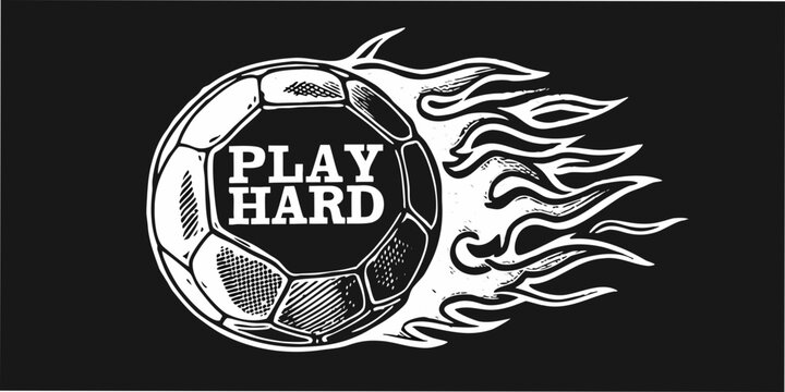 Soccer ball with flames and text white vector illustration on black