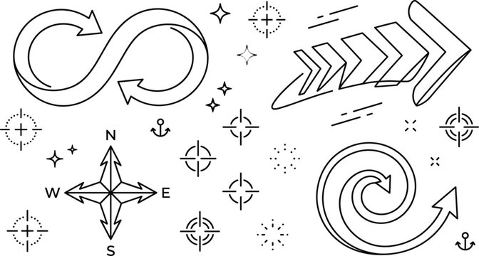 Abstract Navigation and Direction Arrow Vector Line Icon Set with Compass Infinity Loop and Target Elements