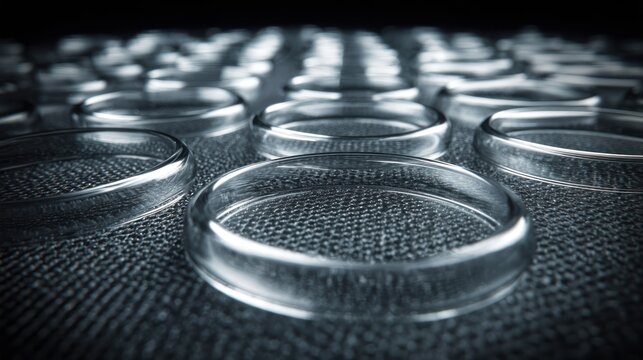 Multiple transparent, circular laboratory dishes are arranged in rows on a dark, textured surface.