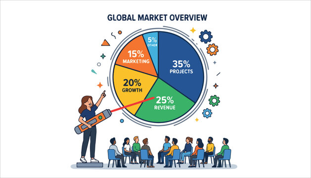 A female presenter uses a laser pointer to explain a global market overview pie chart to an attentive audience in a business meeting.