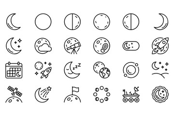 Fototapeta premium Minimalist moon and space line icons set, 24 lunar phase and astronomy vector symbols, black outline celestial graphics for web and app design