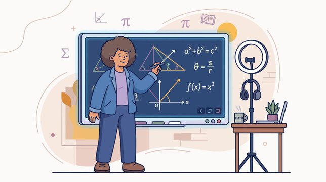 A teacher explains math equations on a digital board with a ring light and laptop for online education