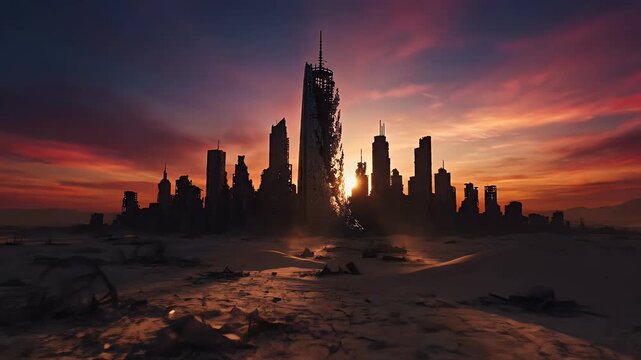 Ruined cityscape emerges from desert sandstorm at sunset