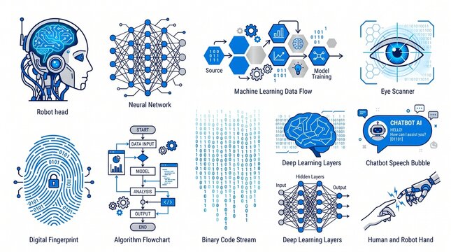 AI Artificial Intelligence Robot Brain Neural Network Tech Vector Set