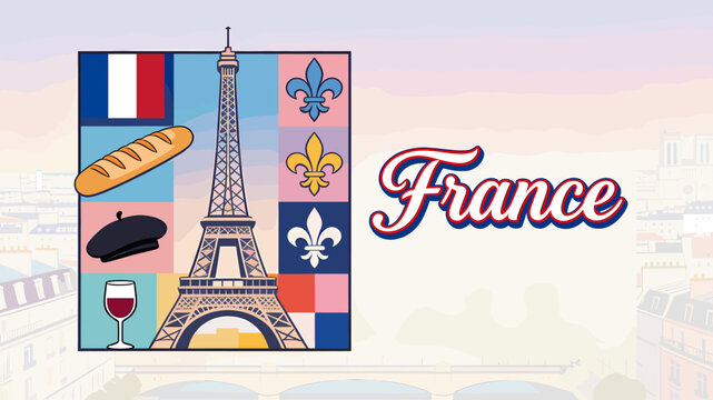A vibrant illustration celebrating France, featuring iconic symbols like the Eiffel Tower, baguette, beret, and wine, set against a backdrop of French flags and fleur-de-lis.