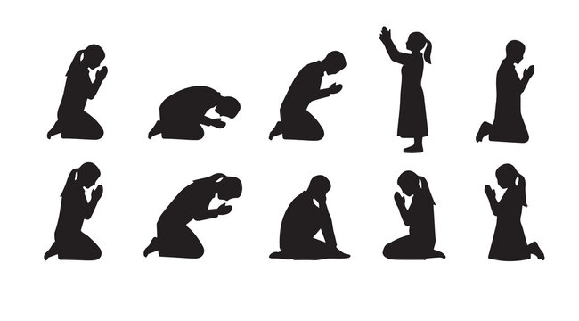 Silhouettes of diverse people praying in various kneeling and bowing poses against a white background