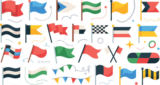 Colorful Pennant and Flag Icon Set with Waving Banners, Pennants, Checkered Racing Flags, and Bunting Garlands for Event Decoration and Celebration Designs