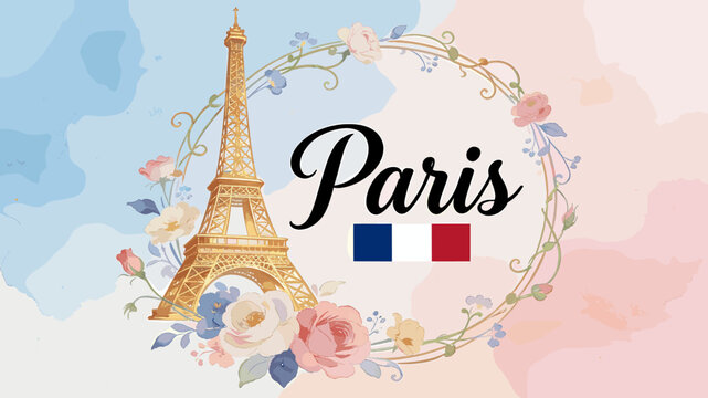 A beautiful watercolor illustration of the Eiffel Tower in Paris, adorned with a floral wreath and the French flag.