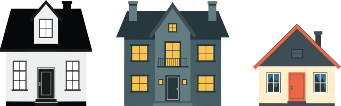 Residential House and Villa Building Vector Set with Detailed Windows and Doors for Real Estate Listings, Property Development, and Neighborhood Home Architecture Designs