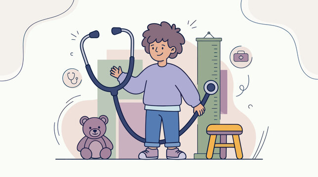 A young boy with a teddy bear and stethoscope plays doctor while standing by a height chart with a stool