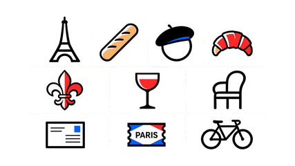 Collection of iconic French symbols including the Eiffel Tower, baguette, beret, croissant, fleur-de-lis, wine glass, chair, postcard, Paris banner, and bicycle. © Warung