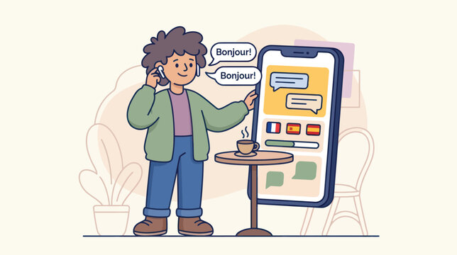 Person learning languages with phone app and hot drink while enjoying life and communication