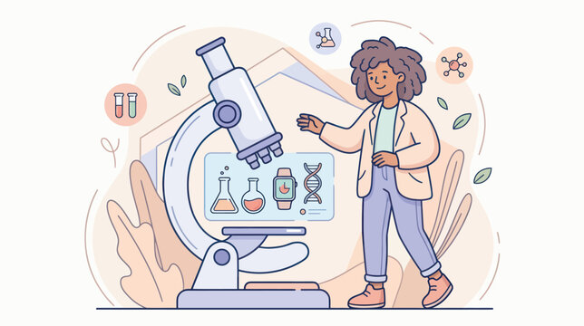 A young scientist studies DNA with a microscope and colorful beakers while exploring new discoveries
