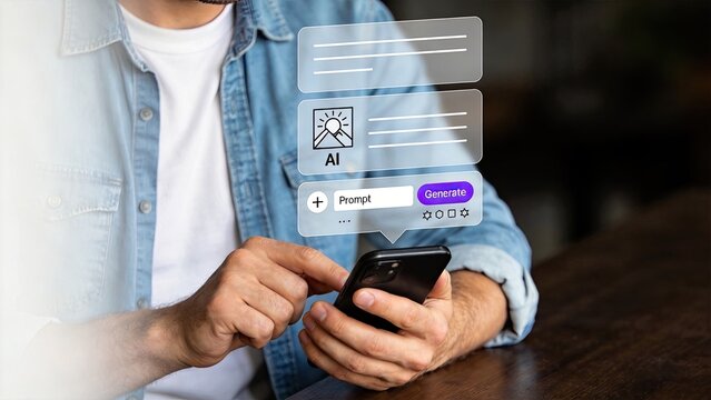 Person using smartphone with AI chat interface generating content, artificial intelligence technology concept, generative prompt tool for social media messaging and creative