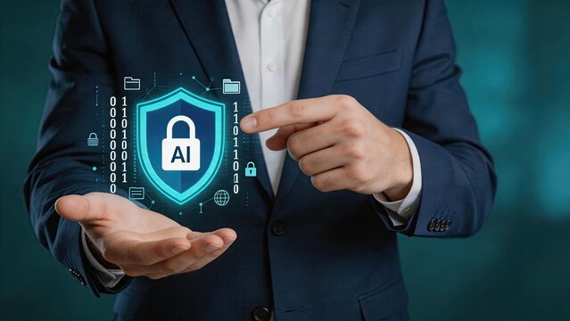 Futuristic AI cybersecurity shield with binary code and folder icons, artificial intelligence protecting digital data from cyber threats and malware attacks in advanced tech