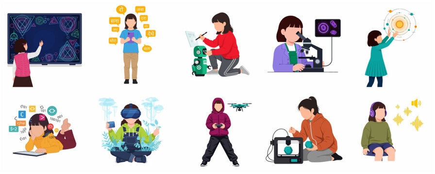 Set of diverse girls engaging in STEM activities including robotics, coding, VR, 3D printing, and science experiments, flat vector illustration on white background