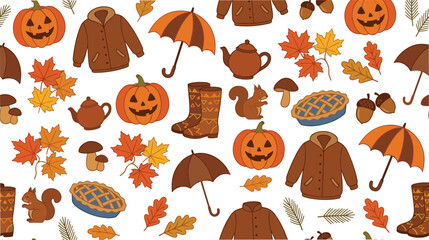 Autumn Seasonal Seamless Pattern Wallpaper with Carved Pumpkins, Umbrellas, Warm Jackets, Squirrels, and Fall Leaves for Thanksgiving Textile and Wrapping Paper Designs © Nurchhana