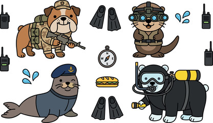 Cute Military and Special Forces Animal Cartoon Character Vector Set Featuring Tactical Bulldog Otter Navy Seal and Scuba Diver Bear with Mission Gear © EdGe Creative