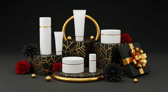 Luxury cosmetic packaging mockup on gold black podiums with roses and gift
