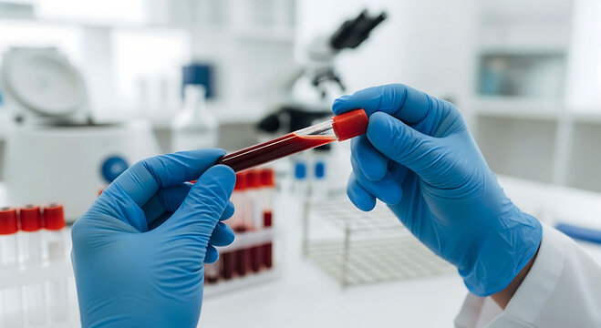 Scientist holding blood test tube in laboratory for medical research analysis