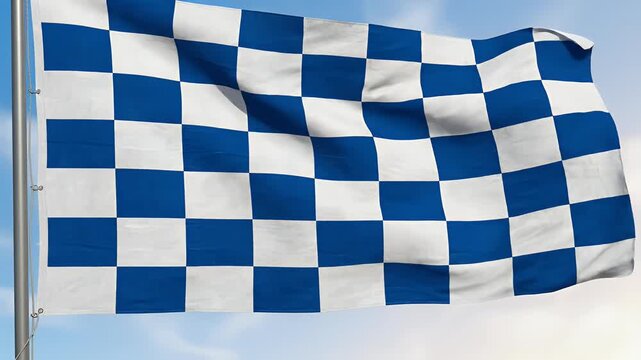 A checkered blue and white flag flutters against a bright sky