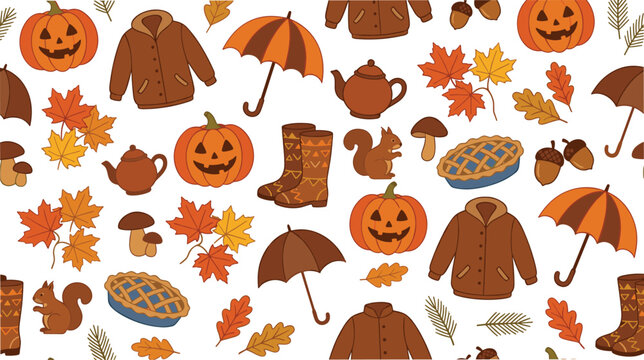 Autumn Seasonal Seamless Pattern Wallpaper with Carved Pumpkins, Umbrellas, Warm Jackets, Squirrels, and Fall Leaves for Thanksgiving Textile and Wrapping Paper Designs