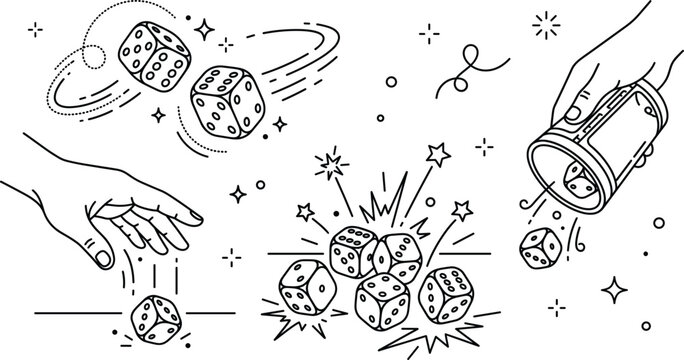 Black and White Line Art Vector Concept of Hand Throwing Dice for Board Games Casino and Gambling