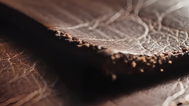Closeup Macro View of Aged Brown Leather Texture with Intricate Veinlike Patterns.